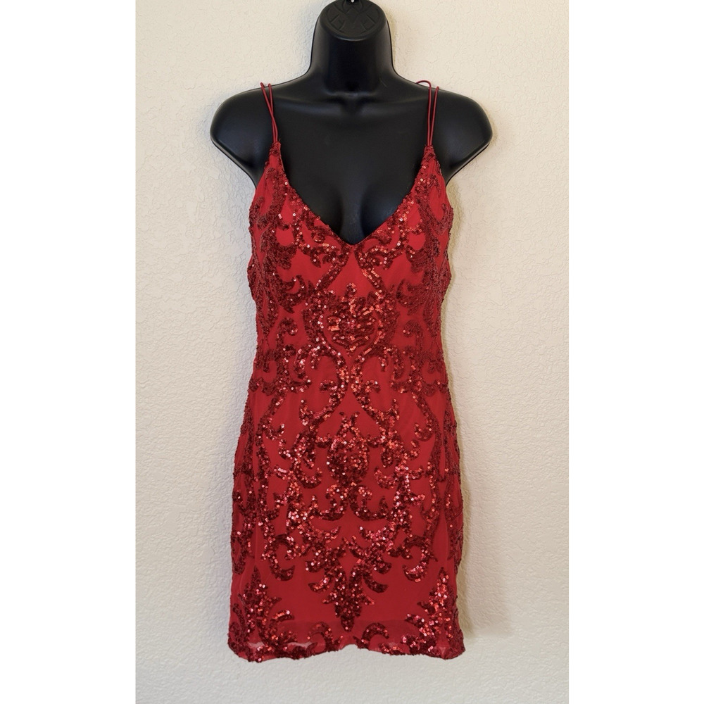 Windsor Red Mini Sparkle Dress Glam Sequin Cocktail Party Love Romantic, M - Picture 2 of 9
